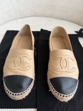 CHANEL Beige and Black Leather Espadrille Slip-Ons